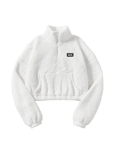 GORGLITTER Teddy Sweatshirt Damen Fleecepullover Langarm Oberteil Mit Reißverschluss Crop Sweatshirt Jacke Mit Tasche Fleece Oberteil Winter Outfit Weiß XS von GORGLITTER