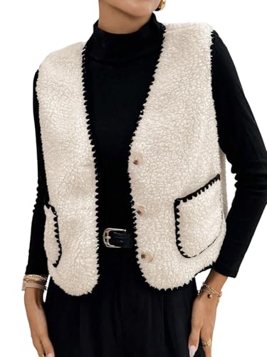 GORGLITTER Teddy Weste Damen Ärmellose Weste Leicht Fleeceweste Mit Taschen Damenwesten Elegant Teddyfleece Jacke Mit V Ausschnitt Winterweste Beige S von GORGLITTER