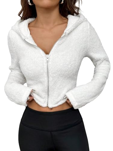 GORGLITTER Teddyjacke Damen Mit Kapuze Herbstjacke Leichte Fleecejacke Blouson Jacke Dünne Kurzjacke Mit Reißverschluss Winterjacke Weiß S von GORGLITTER