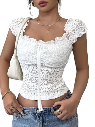 GORGLITTER Top Damen Spitze Kurzarm Top Elegant Spitzenshirt Sommertop Bauchfreies Oberteil Spitzentop mit Eckiger Ausschnitt Slim Fit Weiß S von GORGLITTER
