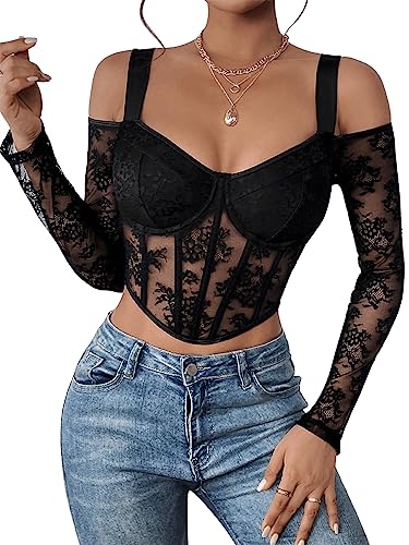 GORGLITTER Top Mit Spitze Damen Bauchfrei Mesh Top Langarm Schulterfrei Oberteil Spitzen Top Sexy Crop Top Schwarz L von GORGLITTER