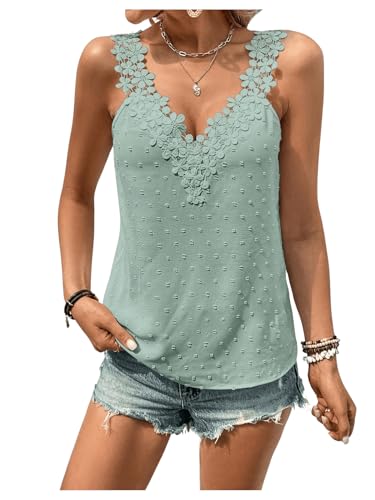 GORGLITTER Top Mit Spitze Damen Sommer Oberteile Locker Spitzentop Elegant Tank Top Mit Spitze Lässig Shirt Minzgrün XL von GORGLITTER