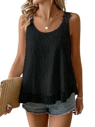 GORGLITTER Top Mit Spitze Damen Sommer Oberteile Locker Spitzentop Elegant Tank Top Mit Spitze Lässig Shirt Rundhal-Schwarz XL von GORGLITTER