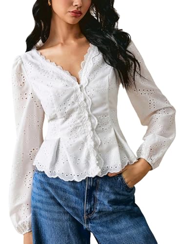 GORGLITTER Trachtenbluse Damen Modern Elegant Dirndlbluse Spitze Langarm Hemdbluse Blusenshirt Spitzen Oberteil Winter Blusentop Business Outfit Weiß S von GORGLITTER