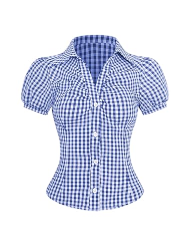 GORGLITTER Trachtenbluse Damen Modern Hemdbluse Karierte Bluse Mit Knöpfen Dirndlbluse Oktoberfest Outfit Blusenshirt Blusentops Blau und Weiß XL von GORGLITTER