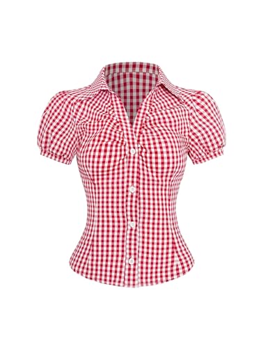 GORGLITTER Trachtenbluse Damen Modern Hemdbluse Karierte Bluse Mit Knöpfen Dirndlbluse Oktoberfest Outfit Blusenshirt Blusentops Rot und Weiß XL von GORGLITTER