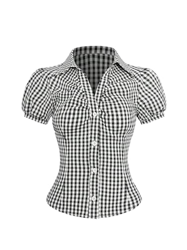 GORGLITTER Trachtenbluse Damen Modern Hemdbluse Karierte Bluse Mit Knöpfen Dirndlbluse Oktoberfest Outfit Blusenshirt Blusentops Schwarz und Weiß XL von GORGLITTER