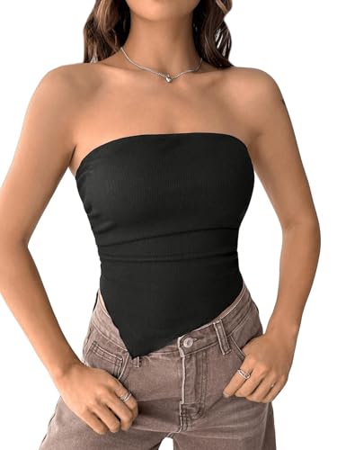 GORGLITTER Trägerlos Top Damen Sommer Bandeau Top Tube Tops Crop Tops Ärmellos Casualtop Bandana Urlaub Trägerloses Oberteil Schwarz L von GORGLITTER