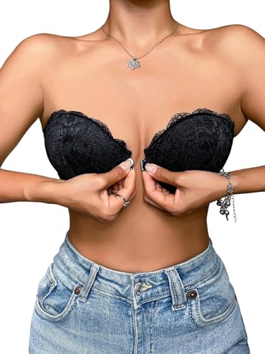 GORGLITTER Trägerloser BH Damen Push Up Spitze Bralette mit Bügel Gepolsterter Bra Verschluss Vorne BHS Bustier Unterwäsche Bandeau-BH Schwarz L von GORGLITTER