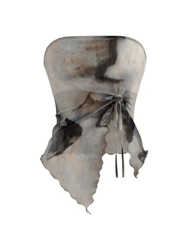 GORGLITTER Damen Grau Trägerloses Batik Mesh Crop Top Y2k Tube Top Schultefrei Oberteile mit Wellensaum Sommer Tops mit Schlitz XS von GORGLITTER