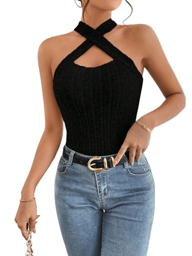 GORGLITTER Trägertop Neckholder Top Damen Ärmellos Oberteil Criss-Cross Tops Schmal Party Oberteile Schwarz L von GORGLITTER