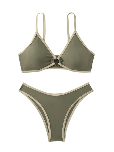 GORGLITTER Triangel Bikini Damen Set Farbblock Bikinis Mit Ring Hohe Taille Bikini Tanga Zweiteiliger Badeanzug Bademode Boho Swimsuits Armeegrün M von GORGLITTER