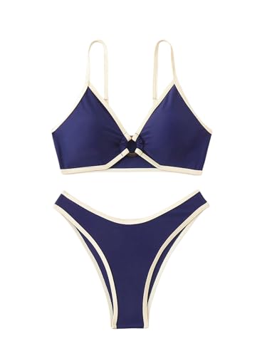 GORGLITTER Triangel Bikini Damen Set Farbblock Bikinis Mit Ring Hohe Taille Bikini Tanga Zweiteiliger Badeanzug Bademode Boho Swimsuits Blau M von GORGLITTER