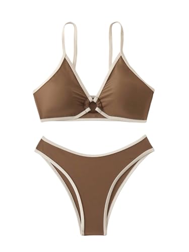 GORGLITTER Triangel Bikini Damen Set Farbblock Bikinis Mit Ring Hohe Taille Bikini Tanga Zweiteiliger Badeanzug Bademode Boho Swimsuits Kaffeebraun M von GORGLITTER
