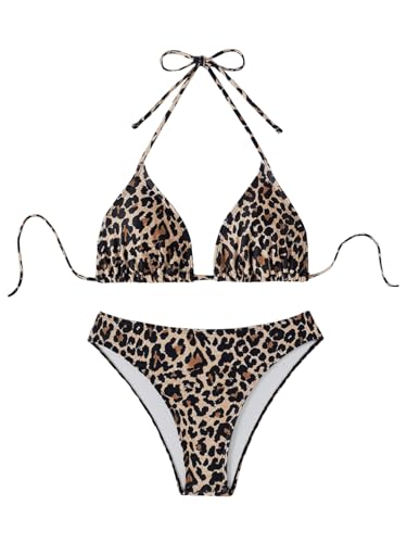 GORGLITTER Damen Leopardenmuster Triangel Bikini Top & Tanga Bikinihose Zweiteiler Neckholder Bademode 2 Teiler L Leo von GORGLITTER
