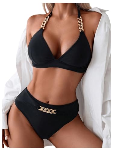 GORGLITTER Triangel Bikini Damen Set Neckholder Bikini Eleganter Bikini Mit Ketten High Waist Bikini Bauchweg Zweiteiler Badeanzug Bademode 2 Teiler Schwarz M von GORGLITTER