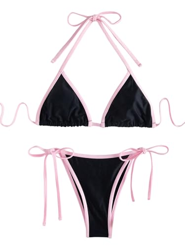 GORGLITTER Triangel Bikini Damen Set Zweiteiler Neckholder Badeanzug Hohe Taille Sommer Tangas Swimsuits Bademode Strand Outfits Schwarz M von GORGLITTER
