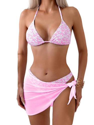 GORGLITTER Triangel Bikini Mit Rock Damen Set 3 Teilig Bikini Mit Blumen Hawaii Neckholder Badeanzug Mit Cover Up Rock Süß Bademode Swimsuit Rosa M von GORGLITTER