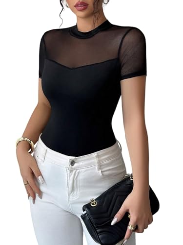 GORGLITTER Tshirt Damen Elegant Patchwork Damenshirt Stehkragen Kurzarm Casualshirt Durchsichtig Netz Oberteil Damentop Freizeittop Schwarz L von GORGLITTER