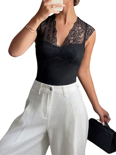 GORGLITTER Tshirt Damen Sommer Elegant Spitze Ärmelloses Shirt Bauchfreies Oberteil Sommertop Mit V-Ausschnitt Casual Tops mit Spitzen Tank Top Schwarz XS von GORGLITTER