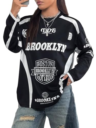 GORGLITTER Tshirt Damen Y2K Tops Langarm Jersey Langarmshirt mit Buchstaben Freizeitshirt Sportshirt Locker Herbstshirt BF Sport Outfit Schwarz L von GORGLITTER