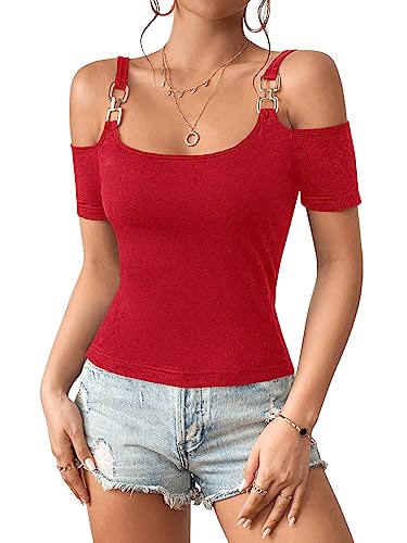 GORGLITTER Tshirt Mit Kette Damen Spaghettiträger Top Schulterfreies Oberteil Sommer Top Mit Ringen Slim Fit Shirt Rot XL von GORGLITTER