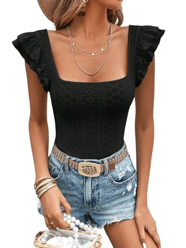 GORGLITTER Tshirt Mit Rüschen Damen Sommer Top Mit Eckigem Ausschnitt T Shirt Mit Stickerei Elegantes Oberteil Schwarz XS GORGLITTER Tshirt Mit Rüschen Damen Sommer Top Mit Eckigem Ausschnitt T Shirt Mit Stickerei Elegantes Oberteil Schwarz XS von GORGLITTER