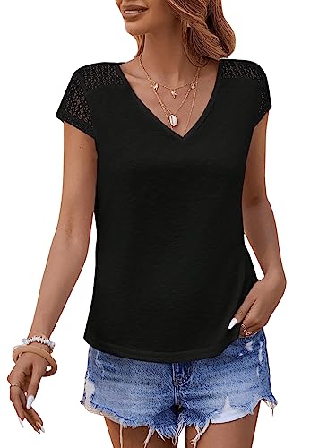 GORGLITTER Tshirt Mit Spitze Damen Spitzen Oberteile Sommer T-Shirt Mit V-Ausschnitt Spitzentop Locker Schwarz M von GORGLITTER