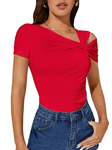 GORGLITTER Tshirt Mit Twist Oberteile Damen Sexy Kurzarm T-Shirt Mit Asymmetrischem Kragen Cut Out Top Rot S von GORGLITTER