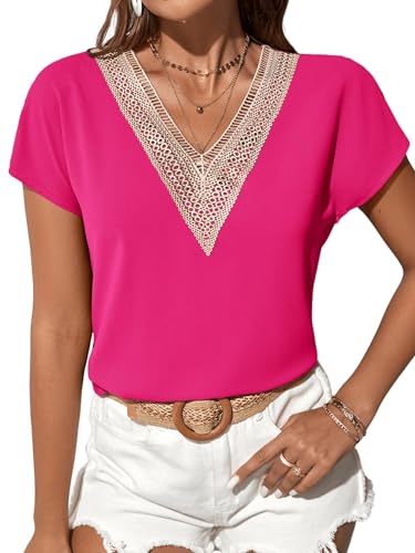 GORGLITTER V Ausschnitt Bluse Damen Bluse Mit Spitze Elegant Blusenshirt Bluse Mit Farbblock Heißes Pink M von GORGLITTER