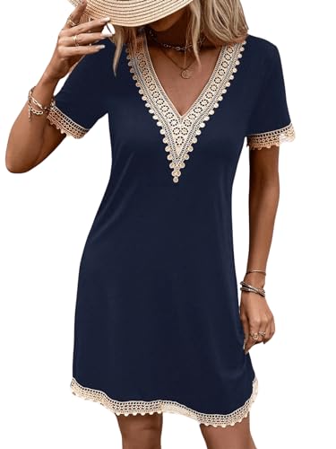 GORGLITTER V Ausschnitt Kleid Damen Elegant Tshirt Kleider Sommer Kleid Mit Spitze Kleid Mit Farbblock Spitzenkleider Kurz Dunkelblau L von GORGLITTER