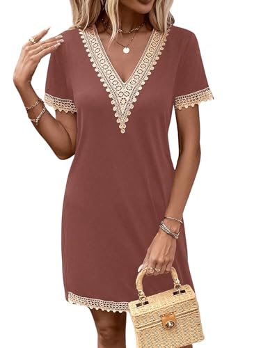 GORGLITTER V Ausschnitt Kleid Damen Elegant Tshirt Kleider Sommer Kleid Mit Spitze Kleid Mit Farbblock Spitzenkleider Kurz Grau-Rosa L von GORGLITTER