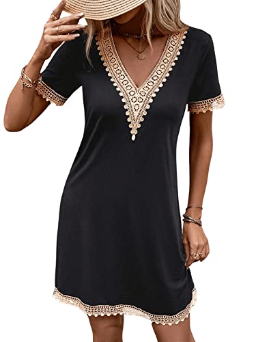 GORGLITTER V Ausschnitt Kleid Damen Elegant Tshirt Kleider Sommer Kleid Mit Spitze Kleid Mit Farbblock Spitzenkleider Kurz Schwarz M von GORGLITTER