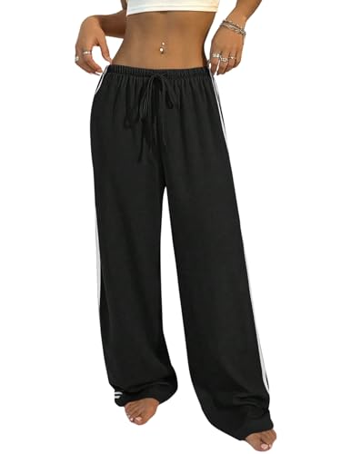 GORGLITTER Weite Hosen Damen Seitenstreifen Stoffhose mit Tunnelzug Leichte Freizeithose Gerade Hose Locker Trainingshose Bequem Jogginghose Herbst Schwarz XXS von GORGLITTER