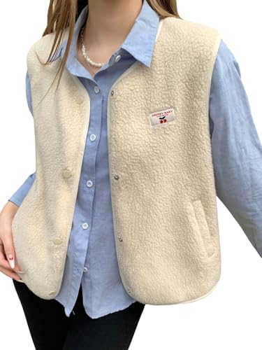 GORGLITTER Weste Damen Ärmellos Jacke Leicht Teddyweste Warm Westen Fleeceweste Übergangsjacke Winterjacke mit Taschen Plüschweste Einfarbig Weiß M von GORGLITTER
