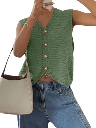GORGLITTER Weste Damen Elegant Strickweste Ärmellos Häkelweste Häkeltop Sommer Dünne Damenwesten Mit Knöpfen Gehäkeltes Top Leichtes Stricktop Boho Westen Dunkelgrün S GORGLITTER Weste Damen Elegant Strickweste Ärmellos Häkelweste Häkeltop Sommer Dünne Damenwesten Mit Knöpfen Gehäkeltes Top Leichtes Stricktop Boho Westen Dunkelgrün S von GORGLITTER