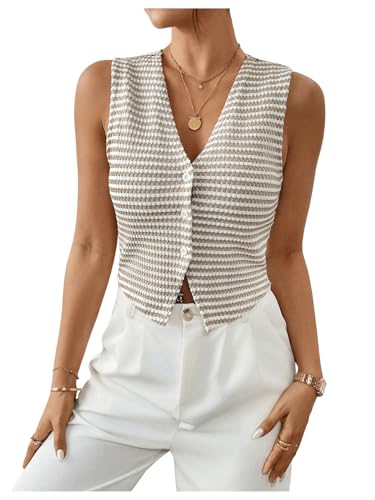 GORGLITTER Weste Damen Elegant Vintage Crop Top Weste Gestreifte Bluse V Ausschnitt Tank Top Anzugweste Blusentop Going Out Top Blusenshirt Sommerbluse Aprikosenfarben S von GORGLITTER