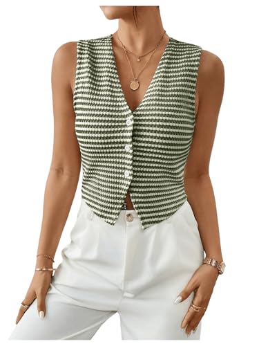 GORGLITTER Weste Damen Elegant Vintage Crop Top Weste Gestreifte Bluse V Ausschnitt Tank Top Anzugweste Blusentop Going Out Top Blusenshirt Sommerbluse Grün L von GORGLITTER