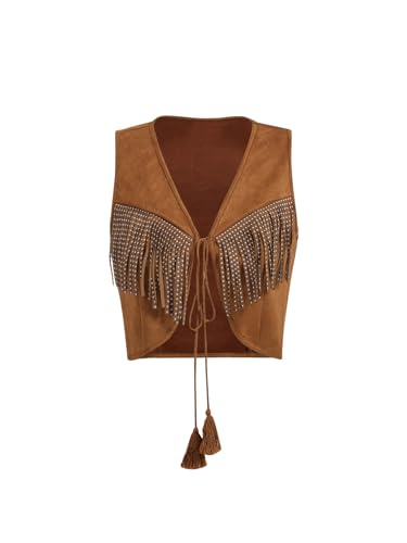 GORGLITTER Weste Damen Kurz Leicht Ärmellose Weste Boho Weste Western Jacke Mit Fransen Weste Jacke 70er Jahre Outfit Crop Weste Braun XS von GORGLITTER