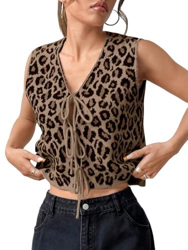 GORGLITTER Weste Damen Y2K Pullunder Ärmellos Kurzweste Leo Print Casualweste mit Schleife Herbst Pullover Streatwear Outfit Leoparden S von GORGLITTER