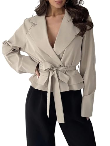 GORGLITTER Wintermantel Damen Elegant Herbstjacke Mit Gürtel Damenmantel Herbstmode Leichte Jacke Herbst Outfit Langarm Herbstmantel Khaki S von GORGLITTER