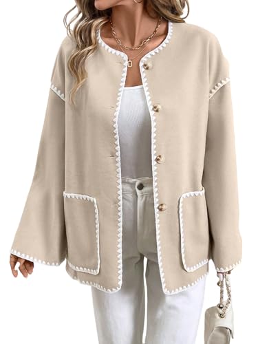 GORGLITTER Wintermantel Damen Elegant Strickmantel Winter Strickjacke Mit Tasche Fleecejacke Mit Knöpfen Herbst Outfit Beige L von GORGLITTER