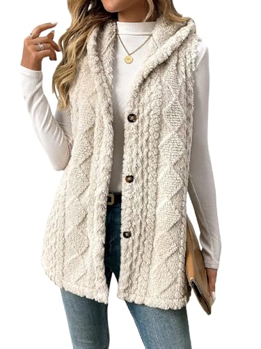 GORGLITTER Wintermantel Damen Lang Fleecemantel Mit Kapuze Fleecejacke Warm Fleeceweste Ärmellos Kapuzenpullover Kapuzenjacke Flauschig Winterjacke Aprikosenfarben S von GORGLITTER
