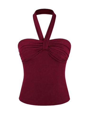 GORGLITTER Y2K Neckholder Top Damen Ärmellose Tops Schulterfrei Oberteile Sommer Casualtop Partytop Trägerlos Sommertop Rot S von GORGLITTER