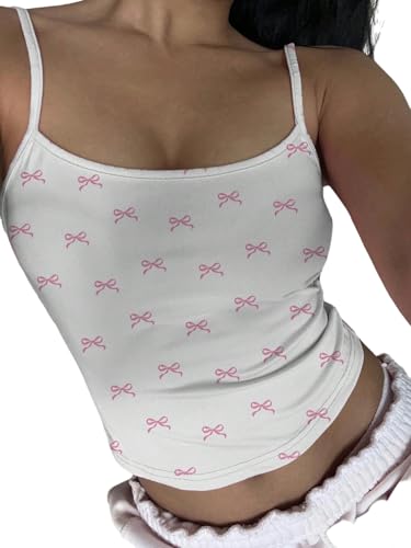 GORGLITTER Y2K Spaghettiträger Tops Damen Sommertop Ärmelloses Schleifenmuster Oberteil Rückenfreies Trägertop Bauchfreies Freizeittop Weiß M von GORGLITTER