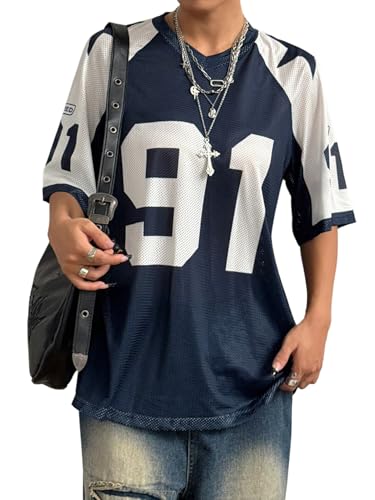 GORGLITTER Y2K T-Shirt Damen Oversize Sommershirt Farbblock Oberteil Jersey Sportshirt Halbarm Loose Casualshirt V-Ausschnitt Kurzarmshirt Blau XS von GORGLITTER