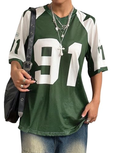 GORGLITTER Y2K T-Shirt Damen Oversize Sommershirt Farbblock Oberteil Jersey Sportshirt Halbarm Loose Casualshirt V-Ausschnitt Kurzarmshirt Grün S von GORGLITTER