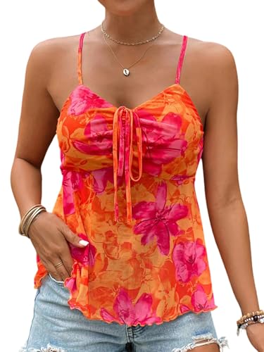 GORGLITTER Y2K Top Spaghettiträger Damen Ärmelloses Oberteil Rückenfreies Sommertop Boho Trägertop Camitop Freizeittop mit Wellensaum Orange XL von GORGLITTER
