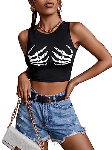 GORGLITTER Y2k Top Damen Tops Sommer Crop Tank Top Bauchfreies Oberteil Sexy Crop Top Eng Top Mit Skelett Hände Schwarz S von GORGLITTER