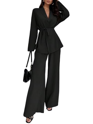 GORGLITTER Zweiteiler Damen Elegant Lamgarm Umlegekragen Jacken mit Gürtel und Hose Breite Bein Freizeithose Set Büro Outfit Casualanzug Schwarz M von GORGLITTER